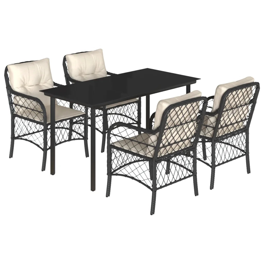 Set da Pranzo da Giardino 5 pz Nero con Cuscini in Polyrattan