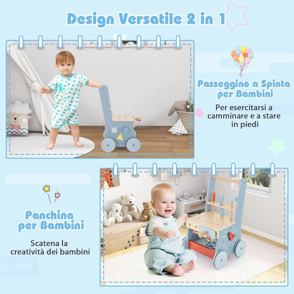 2-in-1 Girello Neonato in Legno, Camminatore con Giocattoli e Attrezzi, Primi Passi per Bambini con Montessori, Carrello Primi Passi con Ruote, con Banco da Lavoro, per Bambini 3+ Mesi