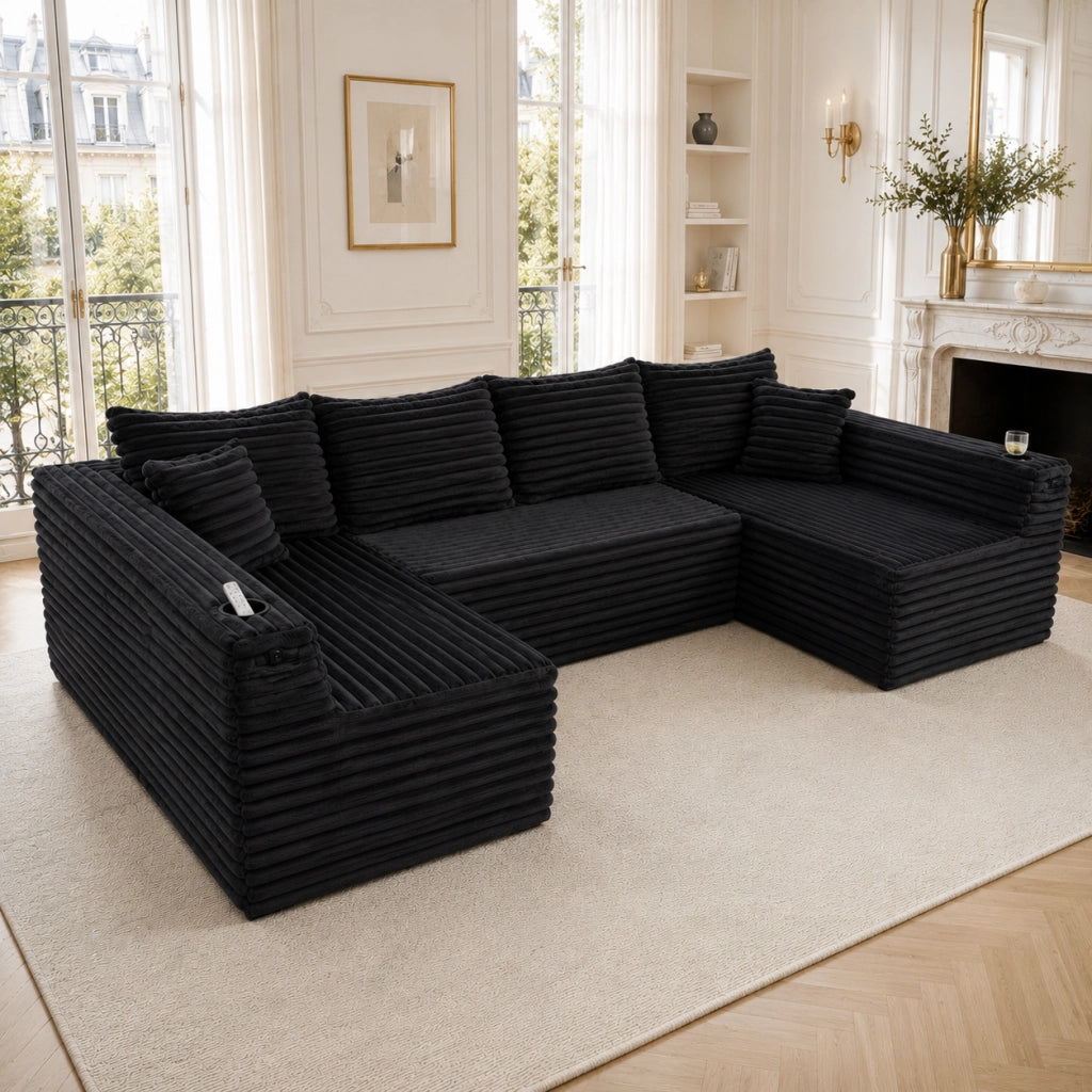 Divano ad U in Velluto a Coste con Portabicchieri ¨C MINIMAL ¨C Angolare, Cuscini, Ergonomico