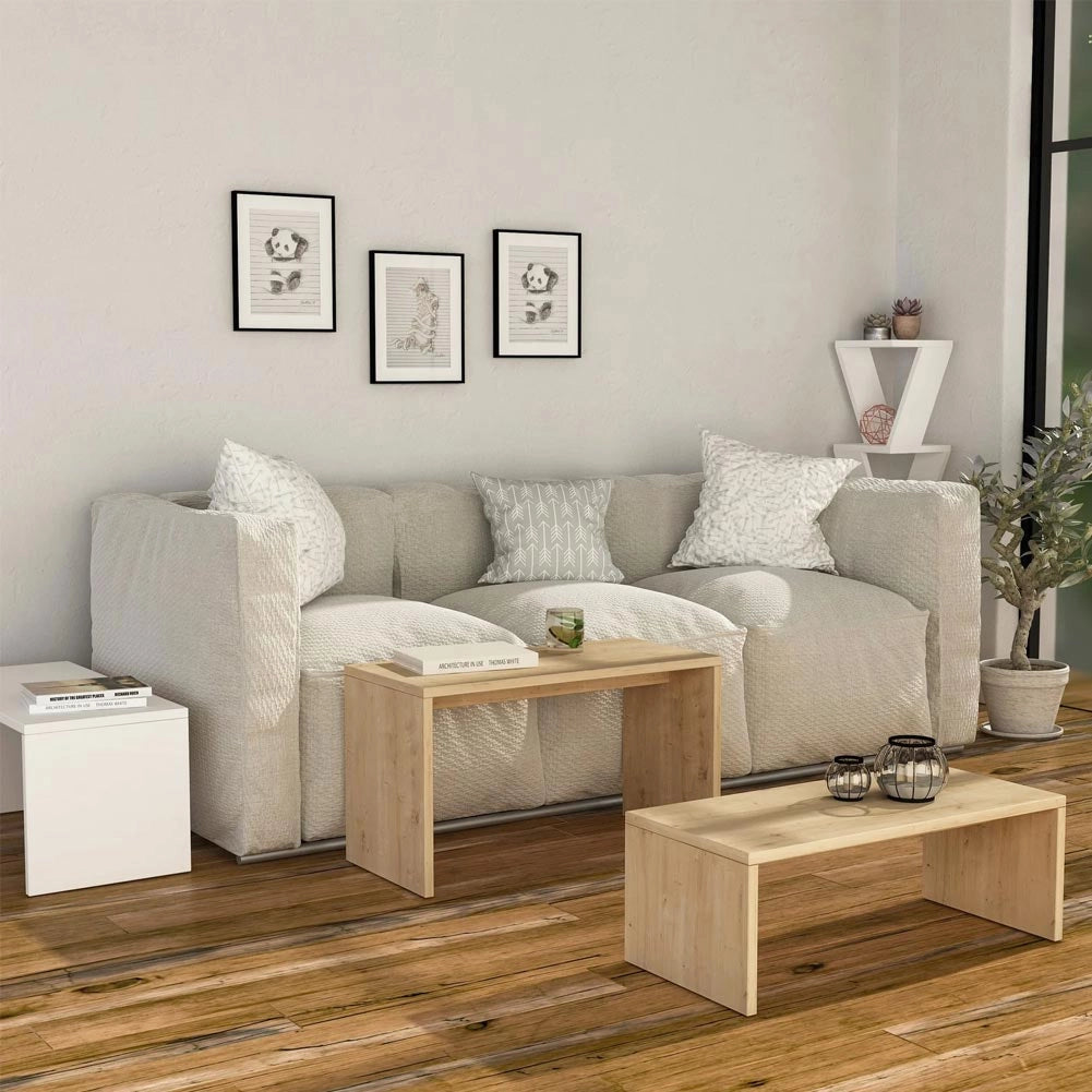Set 3 Pezzi Tavolini da Caffè per Salotto Design Rettangolare Moderno Sovrapponibile Legno Quercia