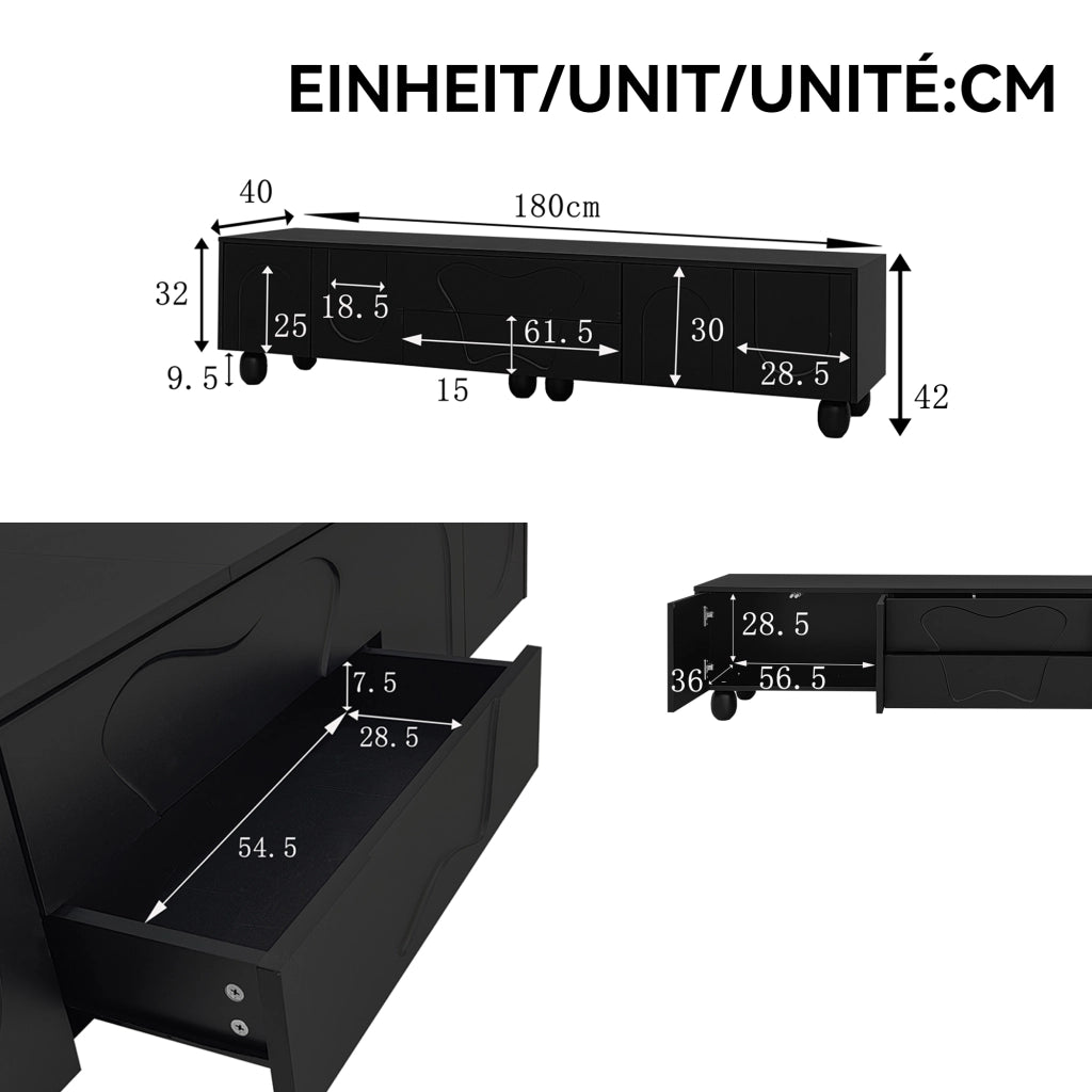 Cassettiera TV nera in truciolato lunghezza 180 cm
