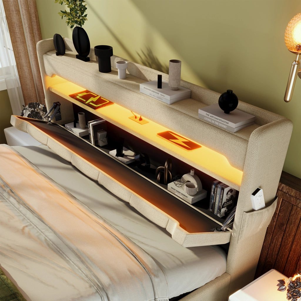 Letto Matrimoniale Imbottito con Contenitore Idraulico e LED ¨C MINIMAL ¨C Beige, 180x200