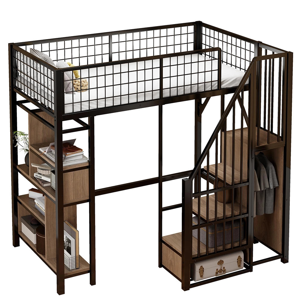 Letto a soppalco - Xylo - 90x200 cm nero con ripiani e scala