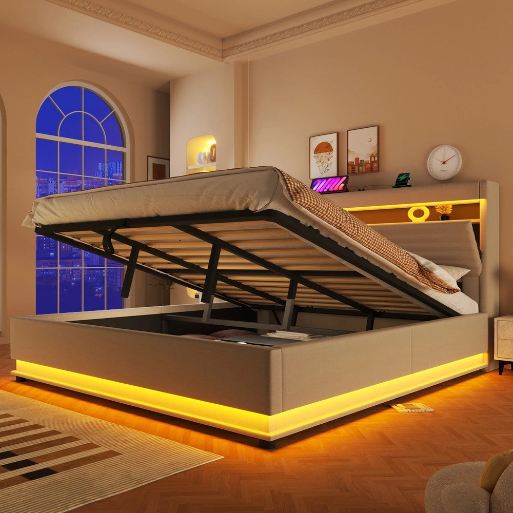 Letto Imbottito Contenitore con LED e USB ¨C MINIMAL ¨C Matrimoniale 180x200, Tessuto Beige