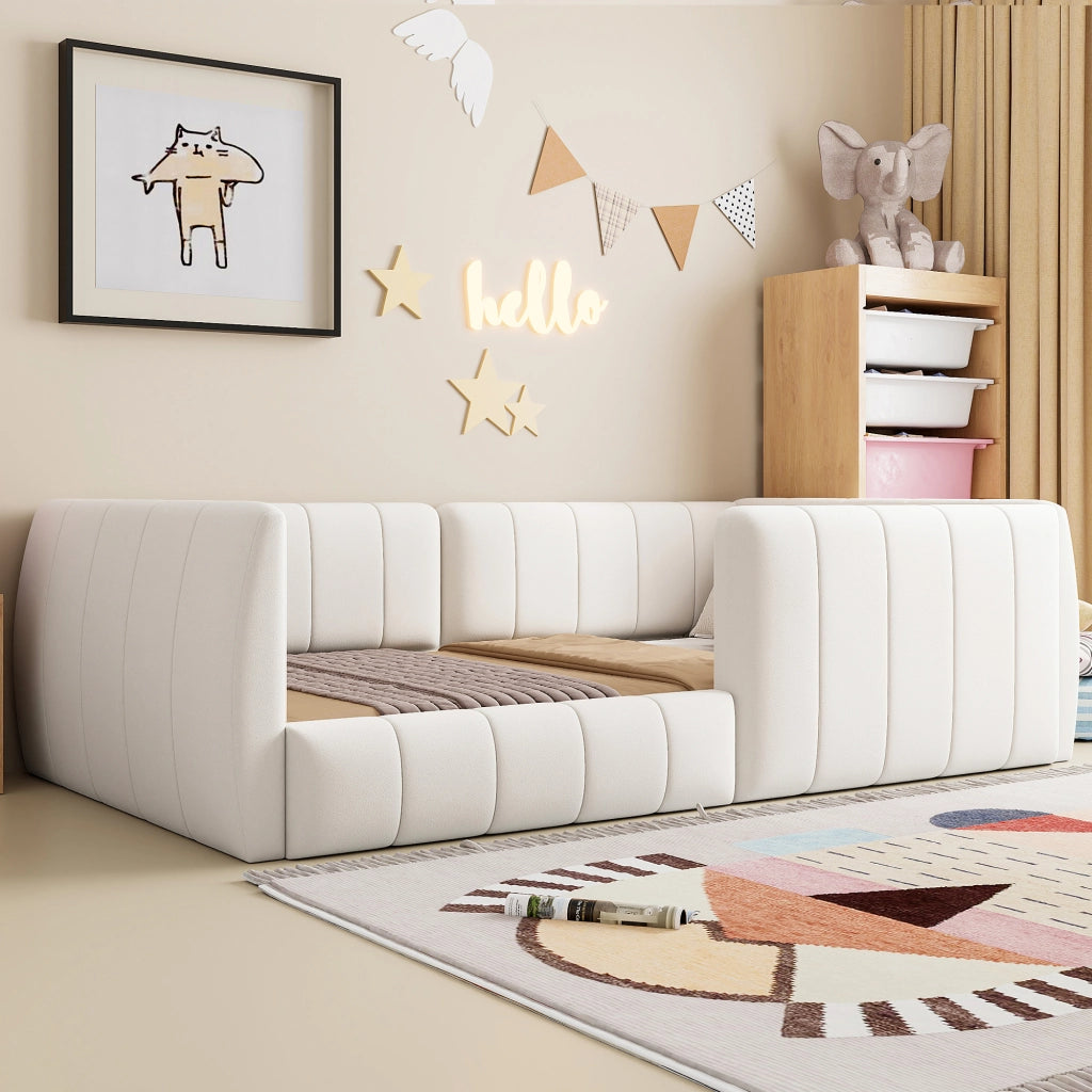 DESMIU Letto bambino 90 × 200 cm con sponda di sicurezza, in MDF e velluto, senza materasso, beige