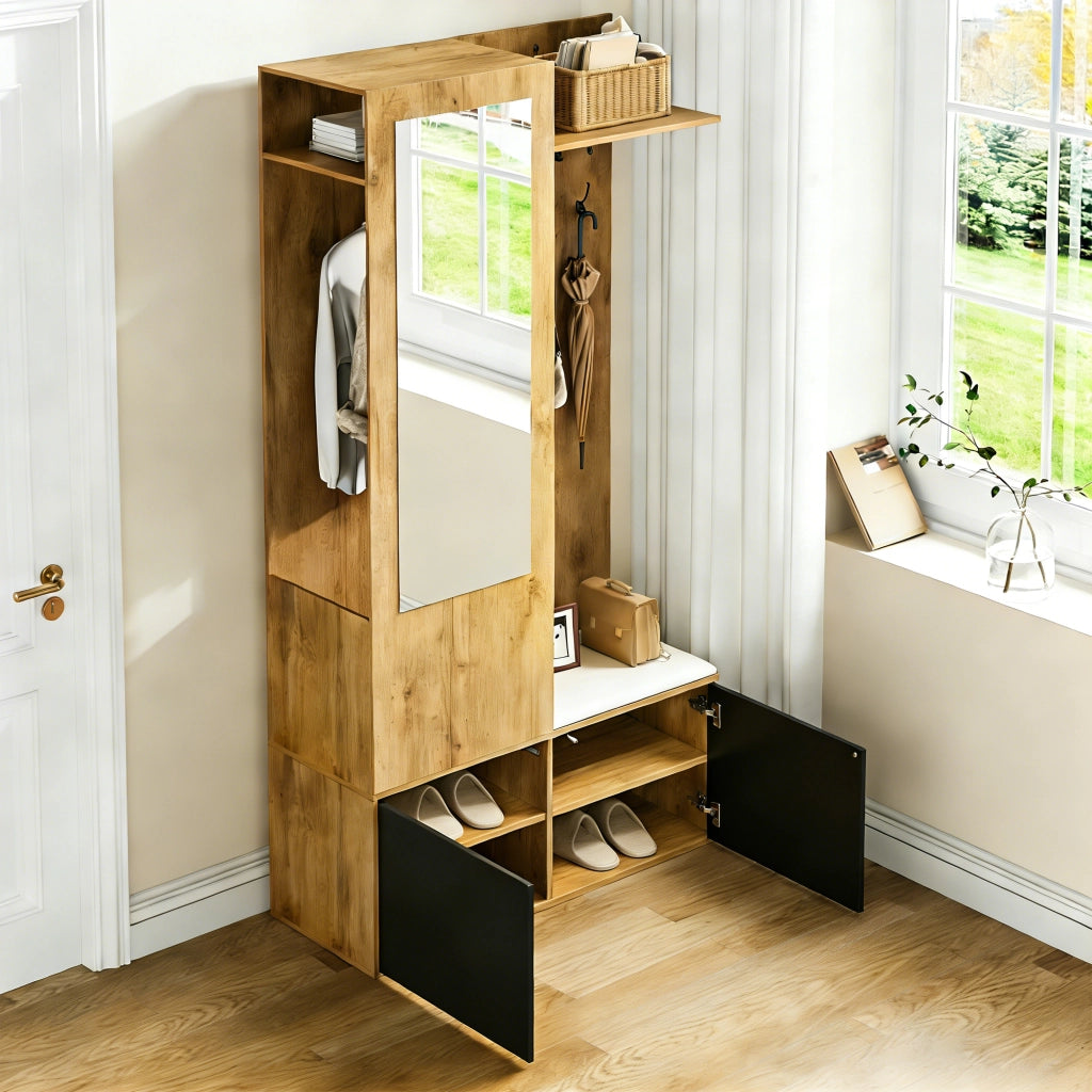 Set guardaroba da ingresso con specchio, 5 ganci appendiabiti, scarpiera e panca, 191x100x38 cm, nero e naturale