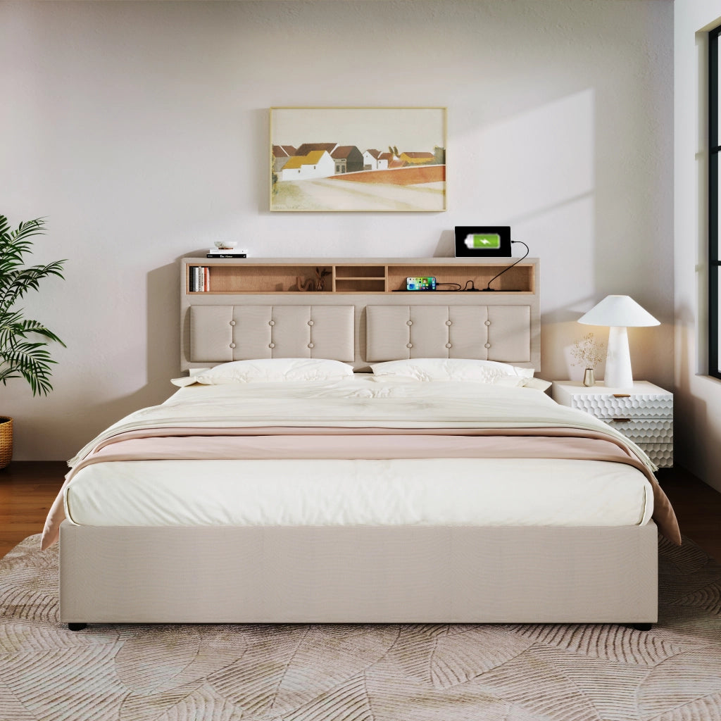 Letto matrimoniale – 140x200 cm – USBC contenitore – lino grigio