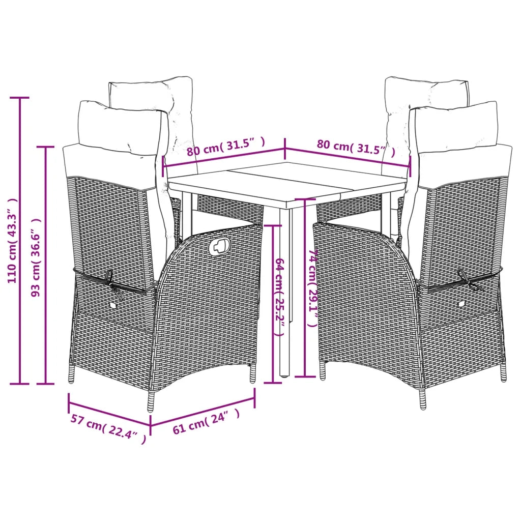 Set da Pranzo da Giardino 5pz con Cuscini in Polyrattan Marrone 3213414