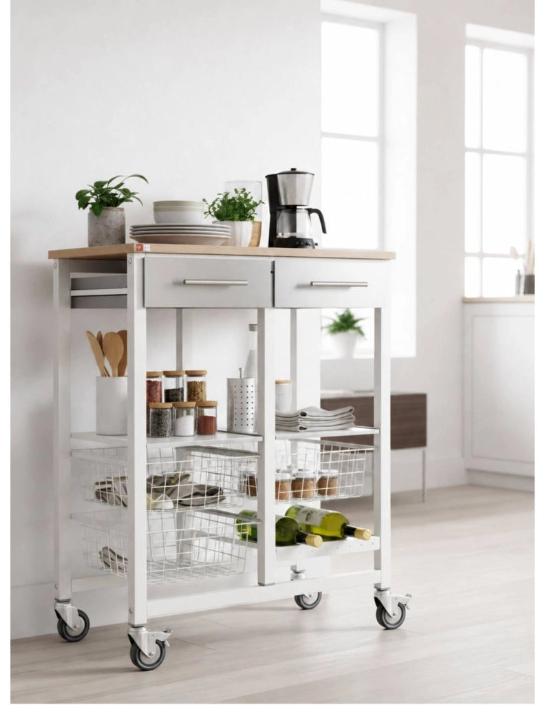Carrello da cucina ONDA DOBLE – Carrello in metallo doppio con 3 cestelli, 2 cassetti, portabottiglie