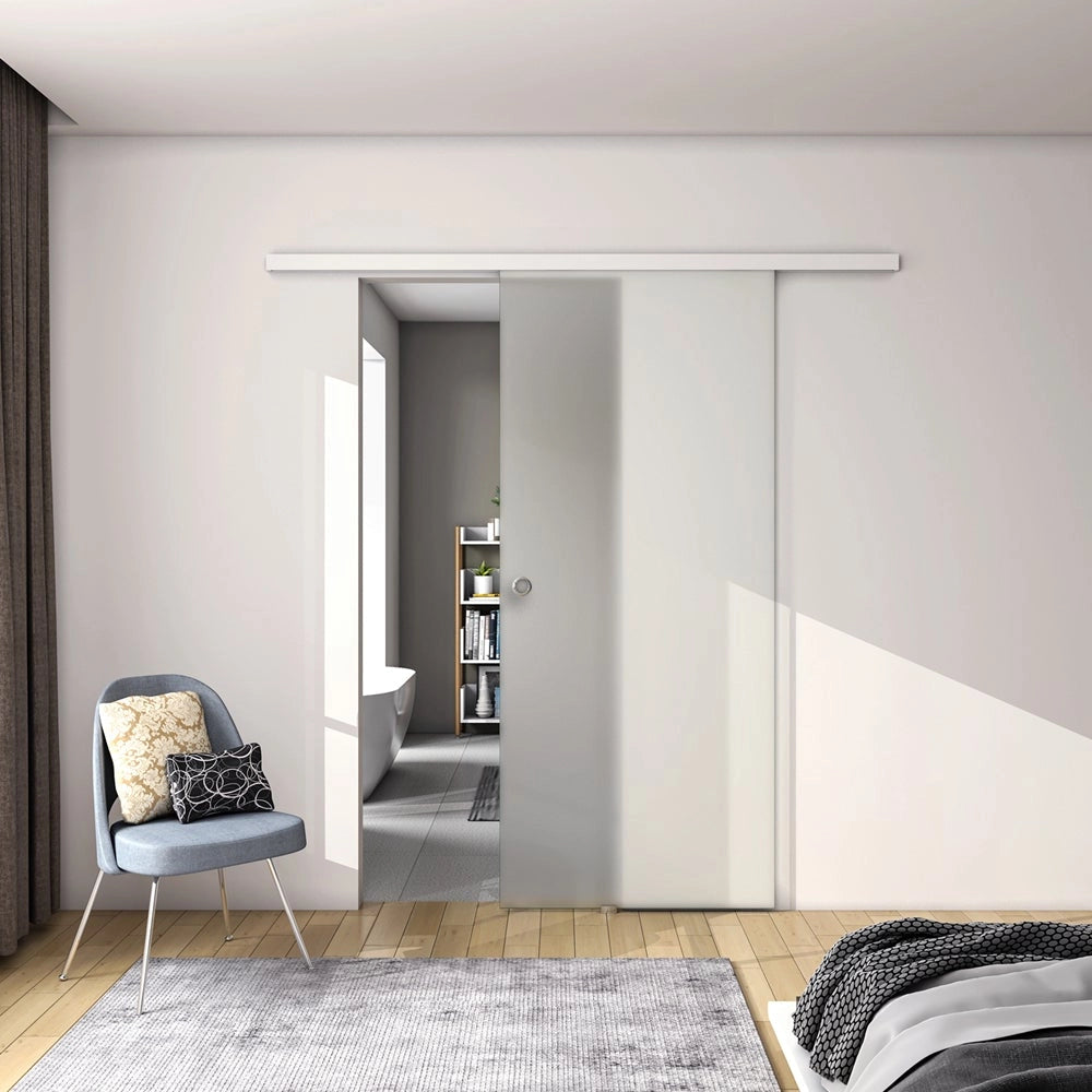100x225 cm Porta Scorrevole in Vetro da 8 mm Temperato Opaco con Pellicola Anti-frantumi con Binario in Alluminio Bianco Verniciato