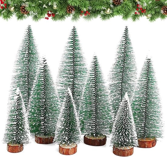 9 pezzi mini albero di Natale verde di cera 10/16/20 cm con base di legno per decorazione di tavola/negozi/periodo natalizio