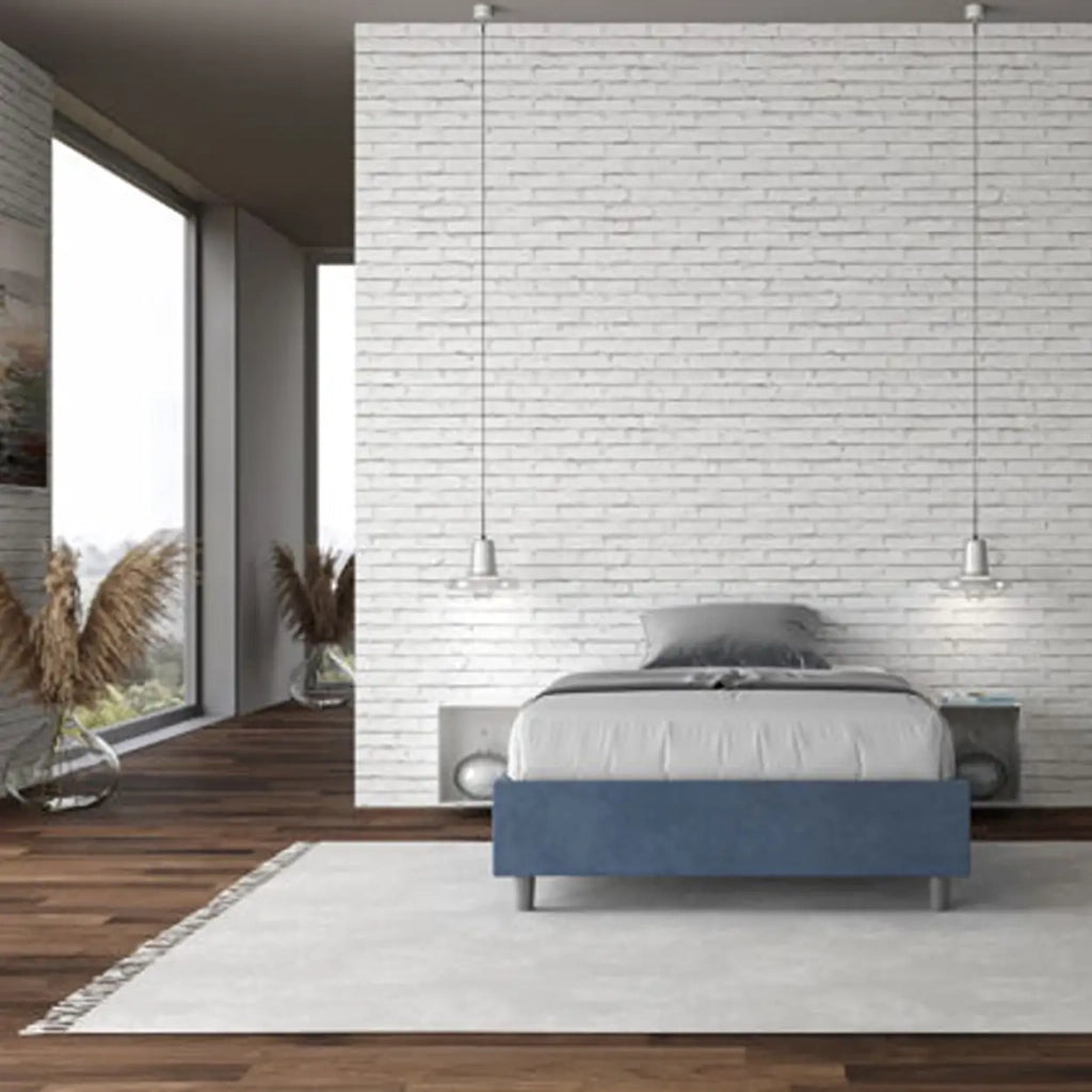 Letto una piazza e mezza con rete imbottito 120x210 microfibra blu Azelia