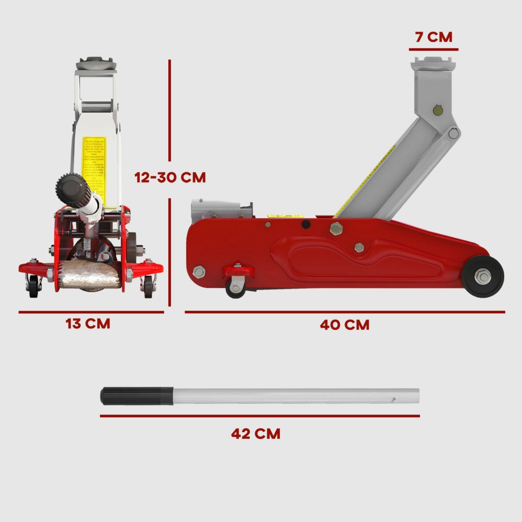 Cric Idraulico con Sollevamento 12-30 cm e Capacità 2 Tonnellate in Acciaio Rinforzato Rosso e Grigio