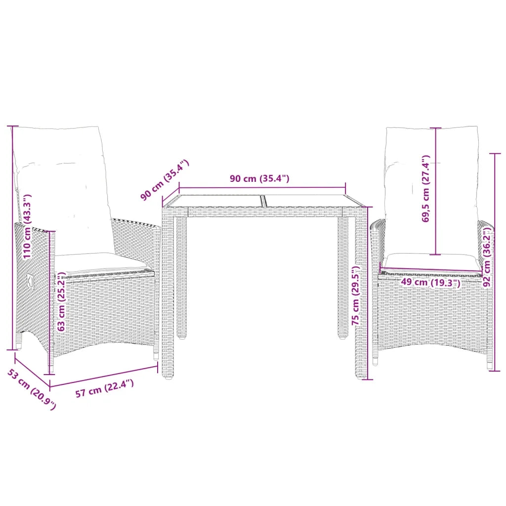 Set da Bistrò 3 pz con Cuscini Nero Polyrattan e Legno Acacia