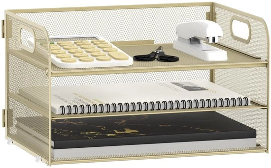 Organizzatore per carta 3 strati con maniglia, organizzatore per ufficio a rete, cassetto per lettere, organizzatore per cartelloni, cassetto per cartelle A10, giallo oro