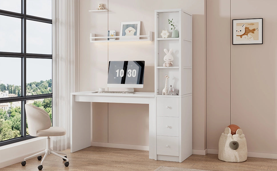 Scrivania lineare con libreria, 3 cassetti e mobile laterale, per studio e lavoro, bianco
