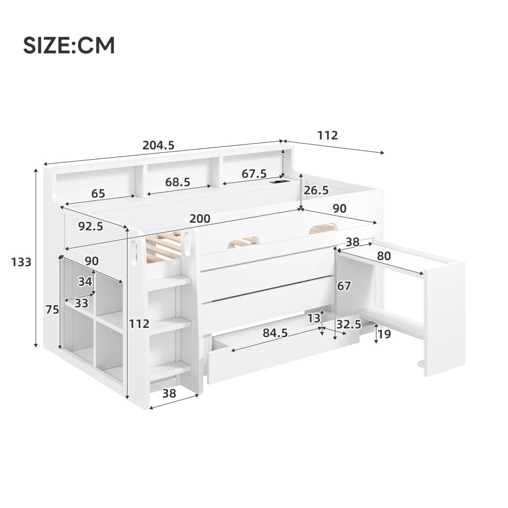 LETTO A SOPPALCO BASSO 90x200 cm bianco con scrivania mobile e 3 cassetti