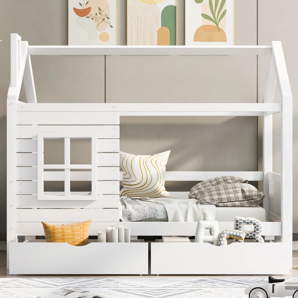 OKWISH Letto a Casetta 90×200 cm, Letto Singolo con Sponda, 2 Cassetti e Finestre, senza Materasso, in Pino Massello, Bianco
