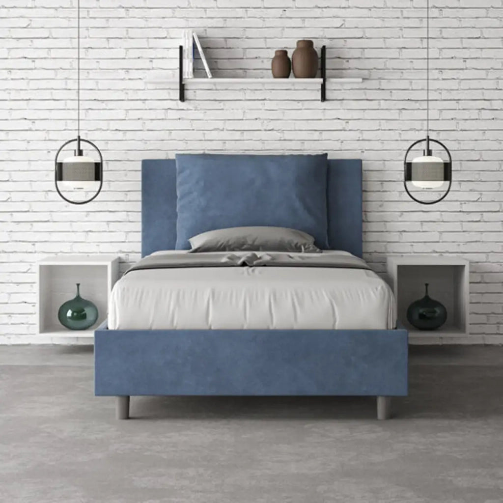 Letto una piazza e mezza senza rete imbottito 120x210 microfibra blu Antea