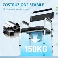 Sedia WC Pieghevole e Regolabile con Braccioli e Schienale, in Acciaio e Pelle PU, 52.5x46x81.5-97 cm, Nero
