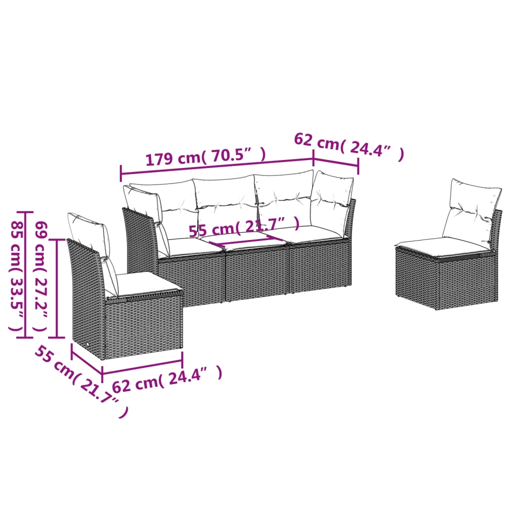 Set Divani da Giardino 5 pz con Cuscini in Polyrattan Nero 3249184