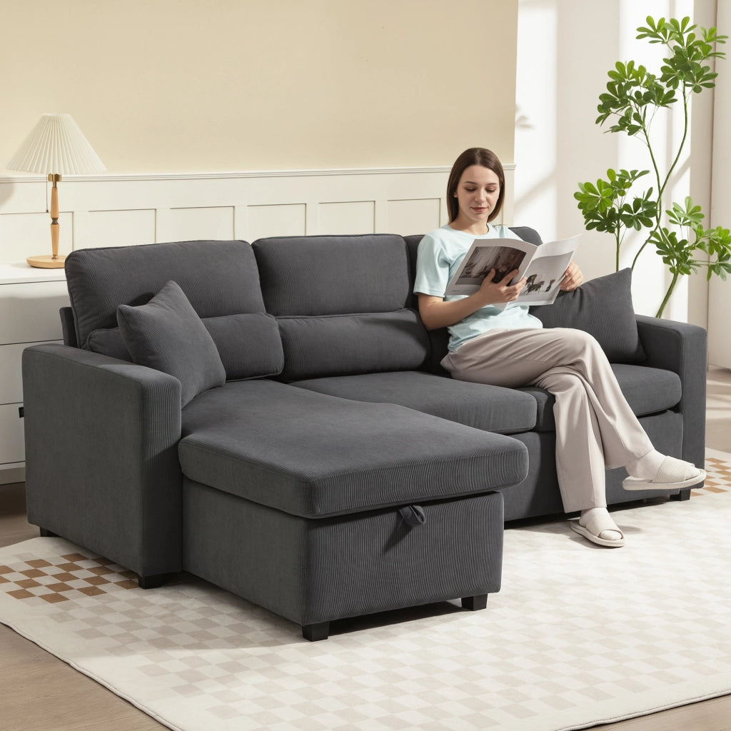 Divano letto angolare con contenitore e cuscini ¨C Minimal ¨C Grigio scuro
