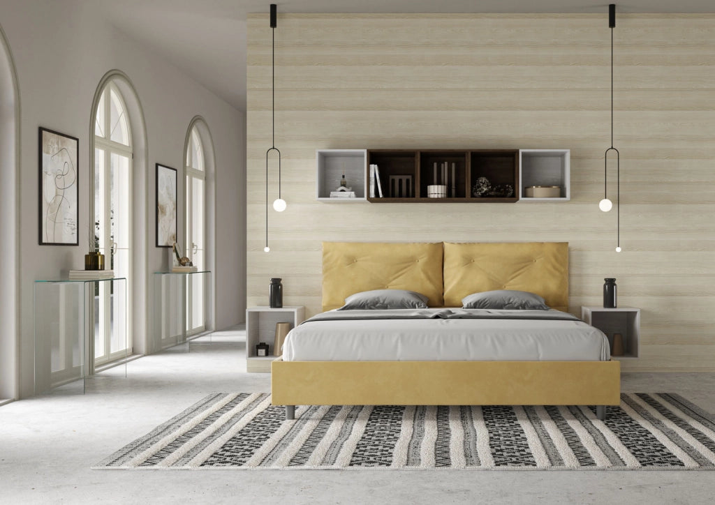 BS COM Letto matrimoniale king size contenitore imbottito 190x200 microfibra ocra Large