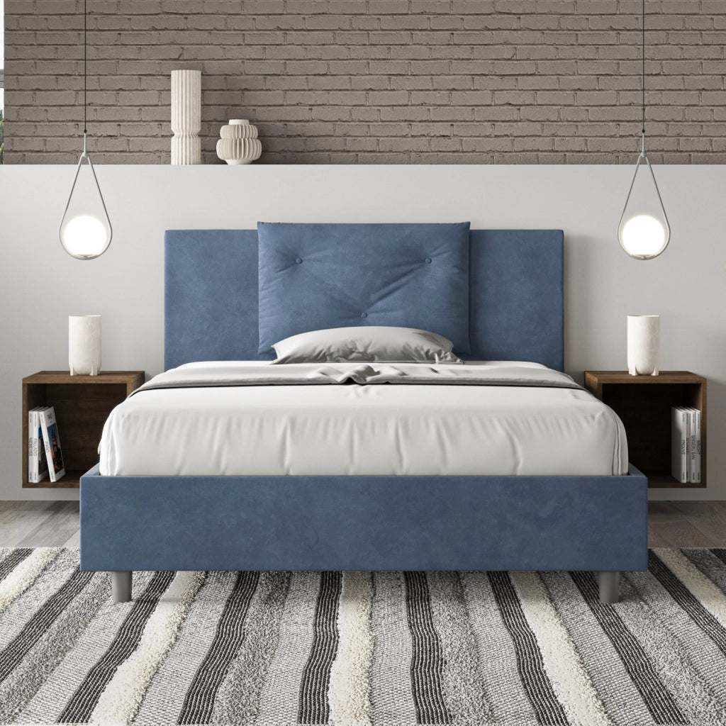 BS COM Letto matrimoniale francese contenitore imbottito 140x210 microfibra blu