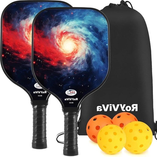 Impugnatura da Pickleball Set da 2 - Approvato Fibra di Vetro Impugnatura da Pickleball Set 2023 - RV-01 - Inclusa Racket da Gioco - Palloni Indoor a 40 Fori - Palloni Outdoor a 26 Fori