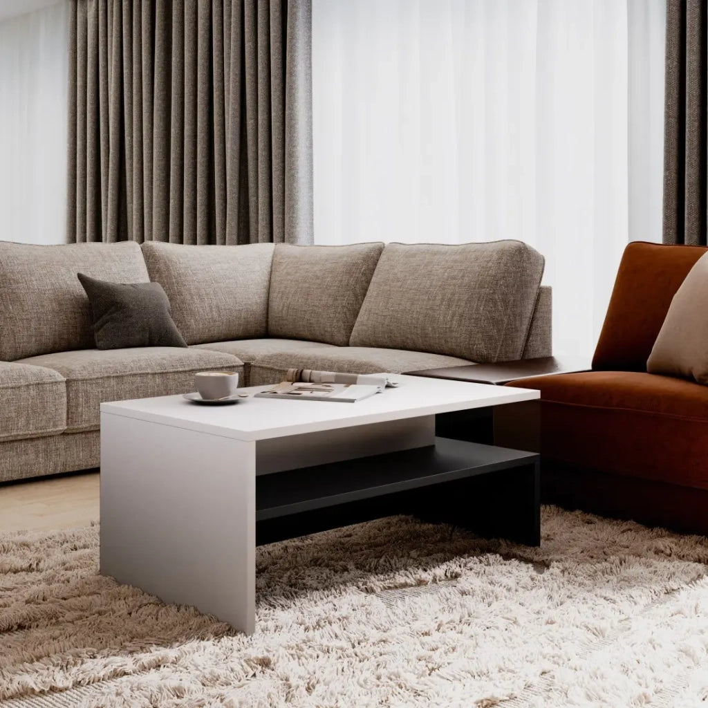 Tavolino basso RAMOS – Colori nero e bianco – Design moderno – Ripiano intermedio e struttura geometrica