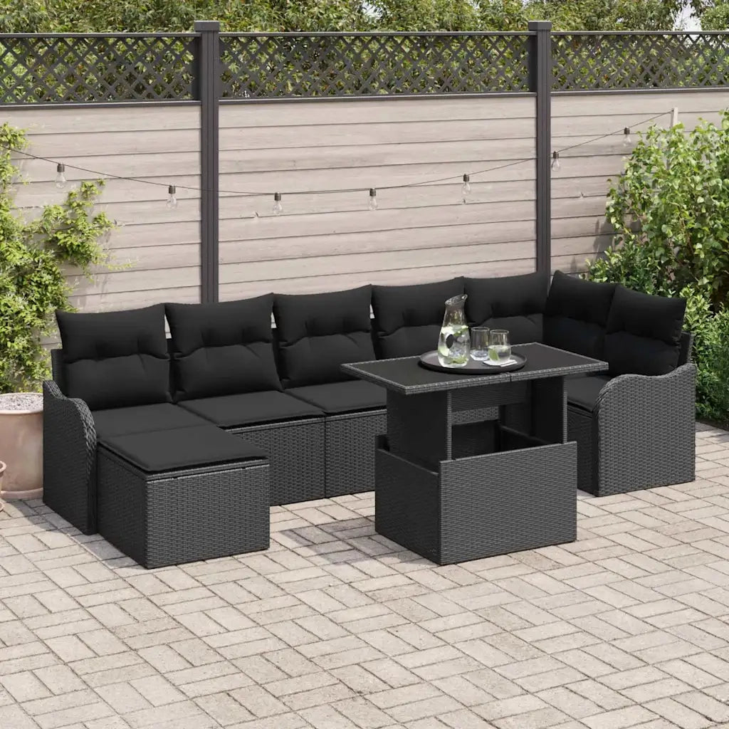 Set Divano da Giardino con cuscino 8 pcs Nero Poly Rattan