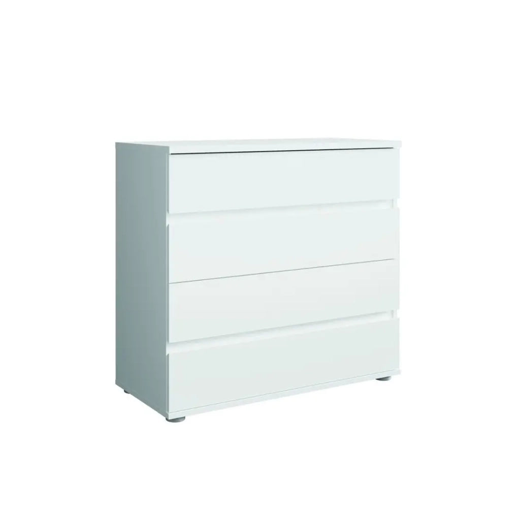 Set camera NOFI - Letto 140x200 cm con rete a doghe, 2 cassetti, comodini, armadio e cassettiera - bianco