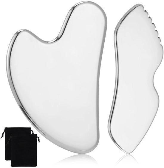Gua Sha pietre con borsa, strumenti per il viso, per il viso, gli occhi, il collo, il corpo, 2 pezzi, 2 diverse misure, argento