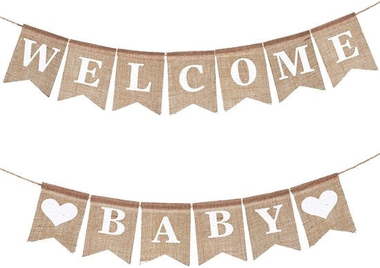 Decorazione per Festa di Benvenuto Bambino - Banderola di Juta - Decorazioni per Festa di Benvenuto - Svelamento del Sesso - Bandiera Adattabile - Materiale Sostenibile - Progetto Universale - Bandiera di Festa