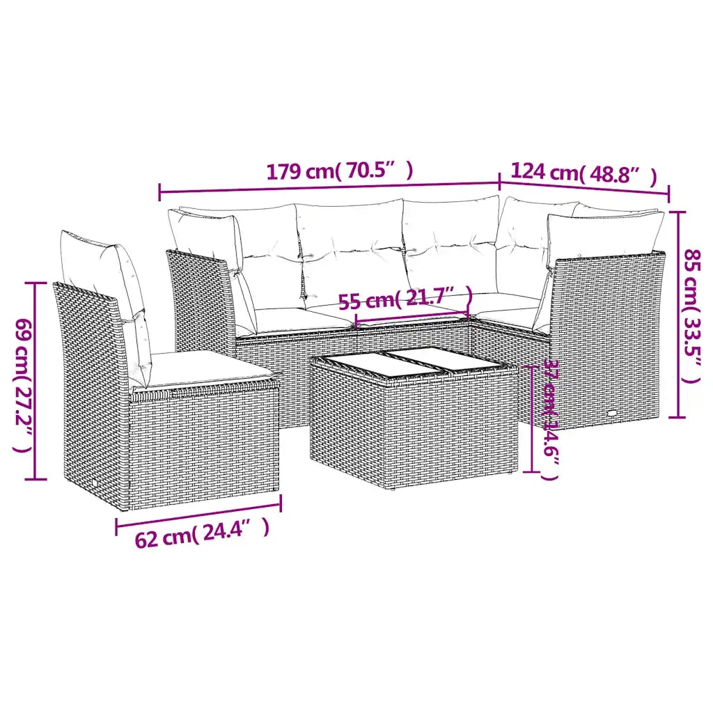 Set Divano da Giardino 6 pz con Cuscini Marrone in Polyrattan