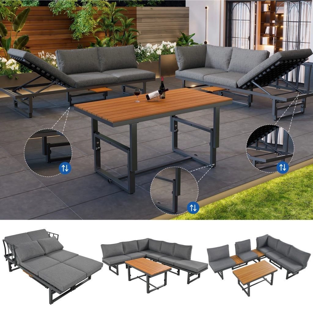 OKWISH Set 3 pezzi 2 Divanetti e 1 Tavolo da Giardino, con Cuscini e Piani Regolabili, Ferro Grigio