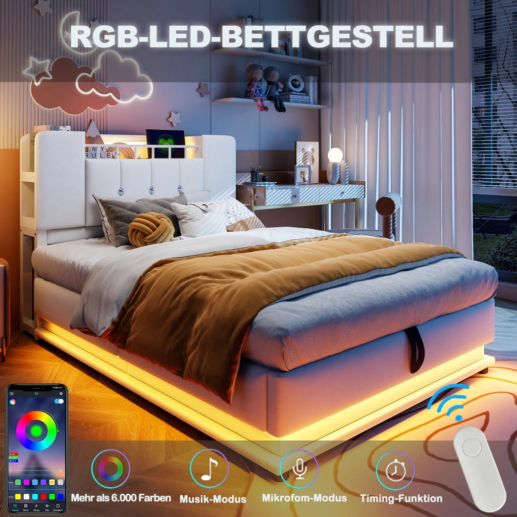 LETTO Polsterbett per bambini 90x200 cm Beige con LED, USB e contenitore