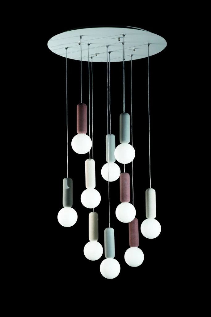 SOSPENSIONE MIX ROCK 10 LUCI ATTACCO G9 BASE TONDA D.60CM CEMENTO E VETRO