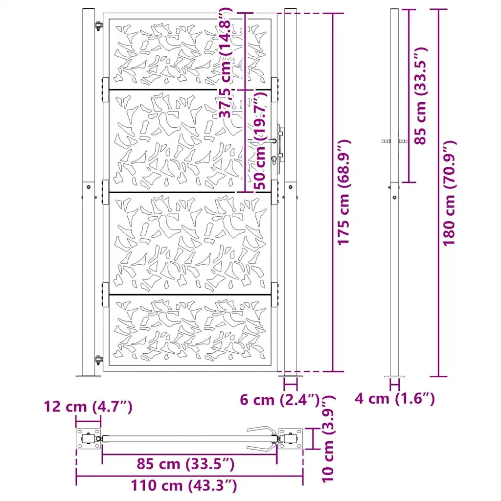 Cancello da giardino nero 100x175 cm in acciaio con design a foglia 4100962