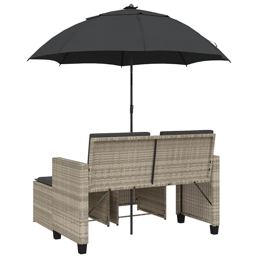 Divano 2Posti Ombrellone e Sgabelli Grigio Chiaro Polyrattan 365888