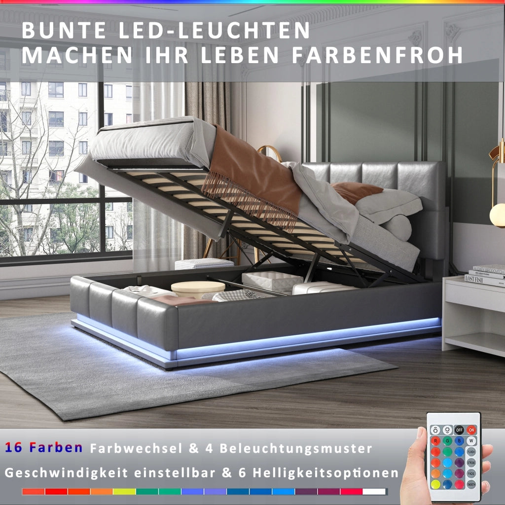 Letto imbottito con LED e ripostiglio - Xylo - 160x200 - Grigio