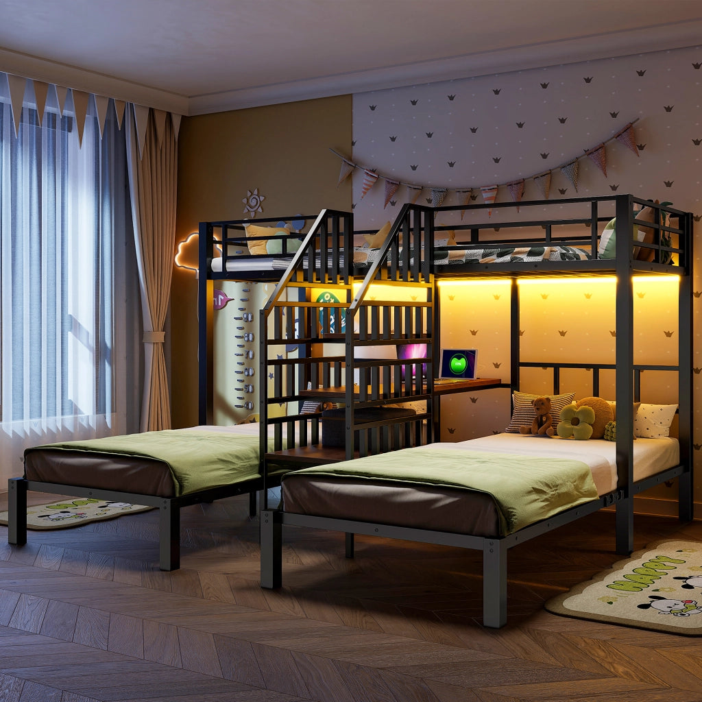 Letto a castello 90x200 cm - Zephmum- 3 posti, LED, scrivania, scaffale, USB, nero