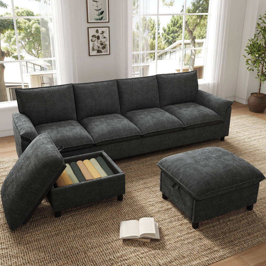 DIVANO modulare a U 264,5x142,5x84 cm in ciniglia nera con 2 pouf
