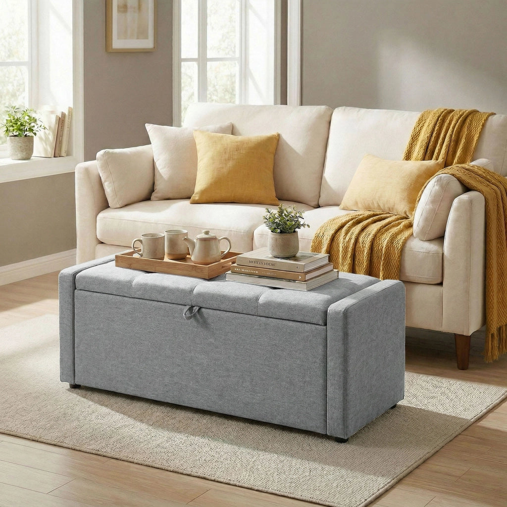 Cassapanca Pouf Contenitore ¨C Minimal ¨C Tessuto Grigio Chiaro 142L