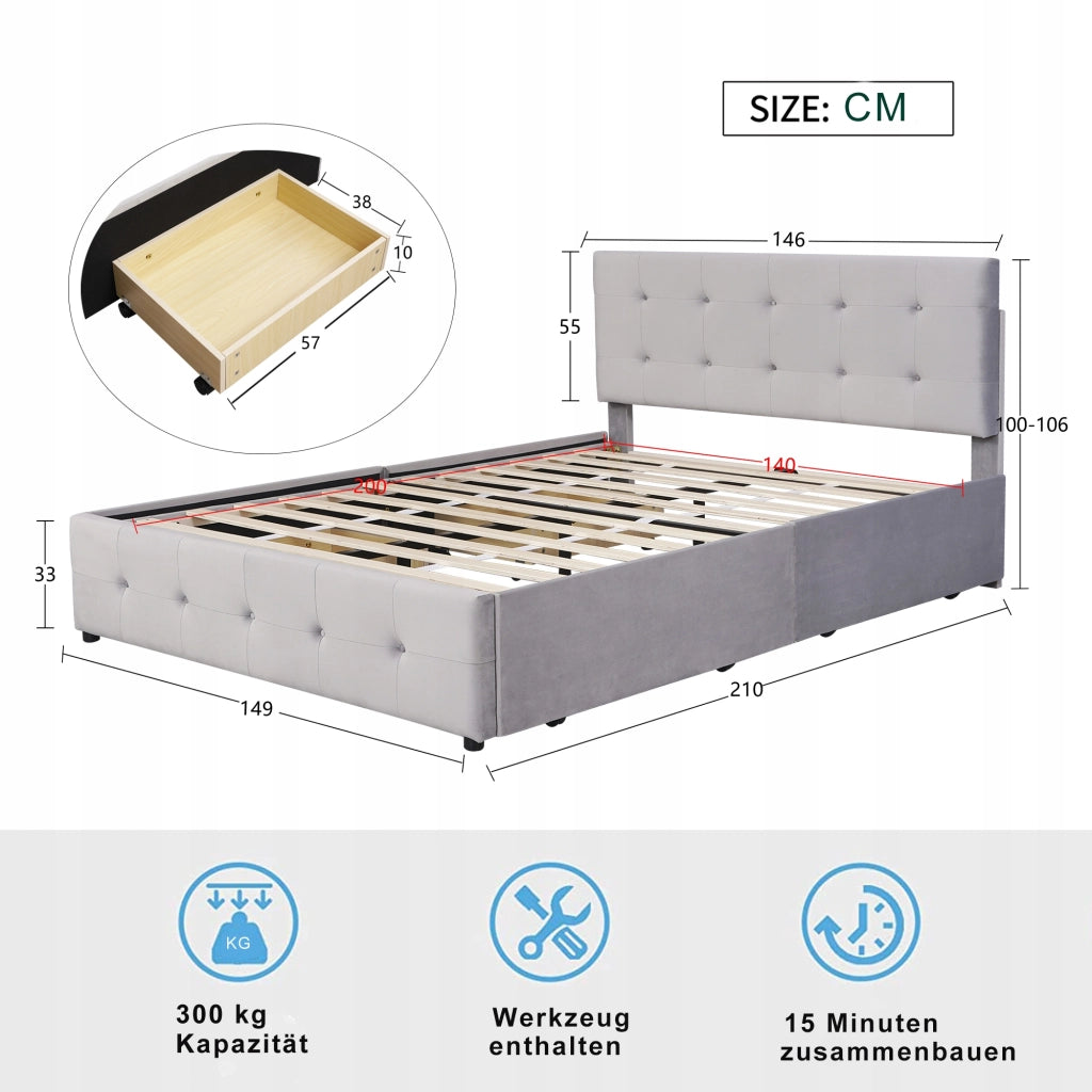 Letto imbottito 140x200 grigio con cassetti - Xylo