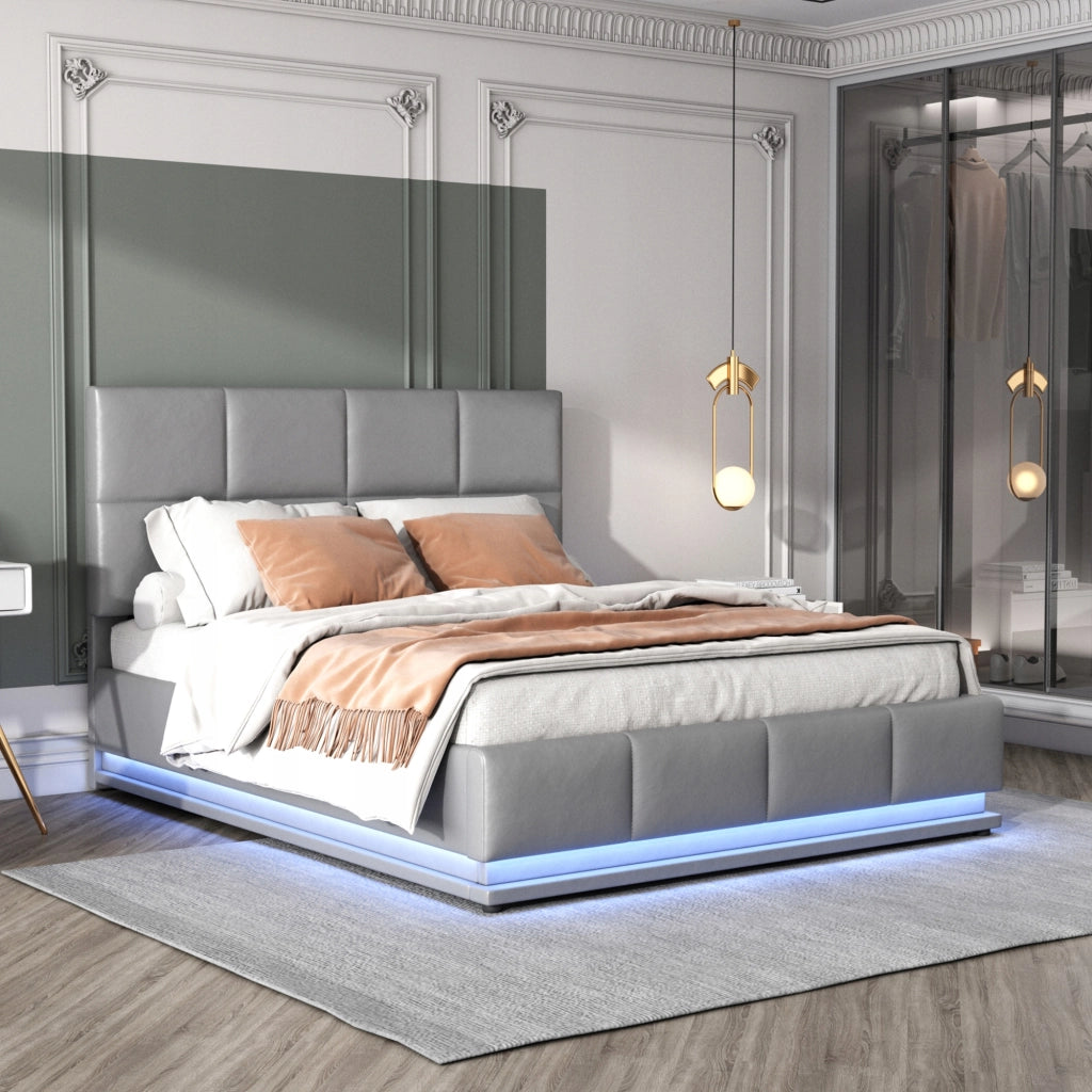 Letto imbottito 140x200 LED idraulico grigio - Xylo