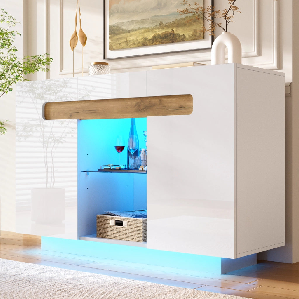 SIDEBOARD LED 120x40x80 cm Bianco e Effetto Legno Naturale