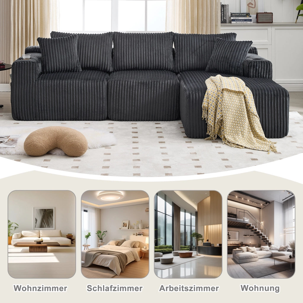 Divano modulare con chaise longue e 2 posti, tasche laterali, portabicchieri e 5 cuscini in tessuto a coste grigio