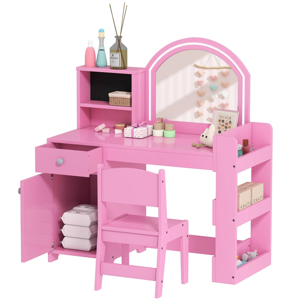 Tocador Bambini con Luce LED e Specchio ¨C Minimal ¨C Rosa, 1 Cassetto e 5 Ripiani