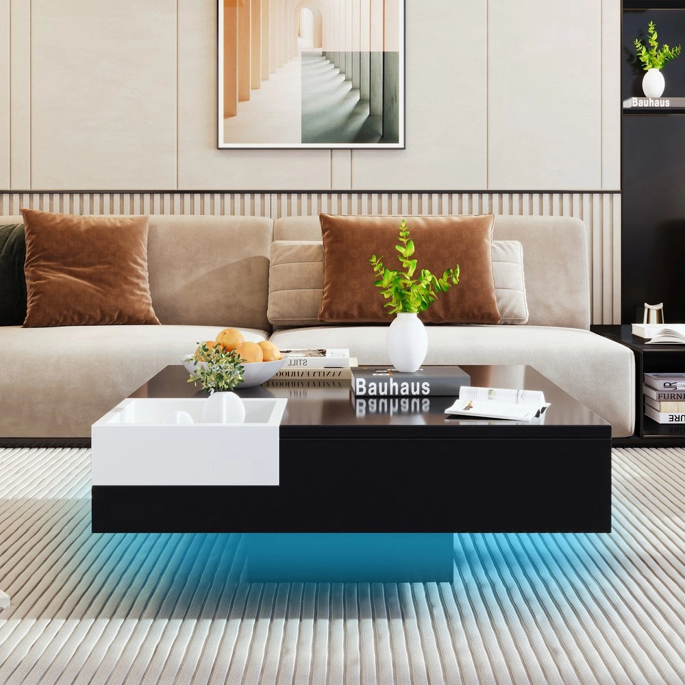 Tavolino da Caff¨¨ con LED e Box Contenitore ¨C MINIMAL ¨C Bianco e Nero Lucido, 72x72x30 cm